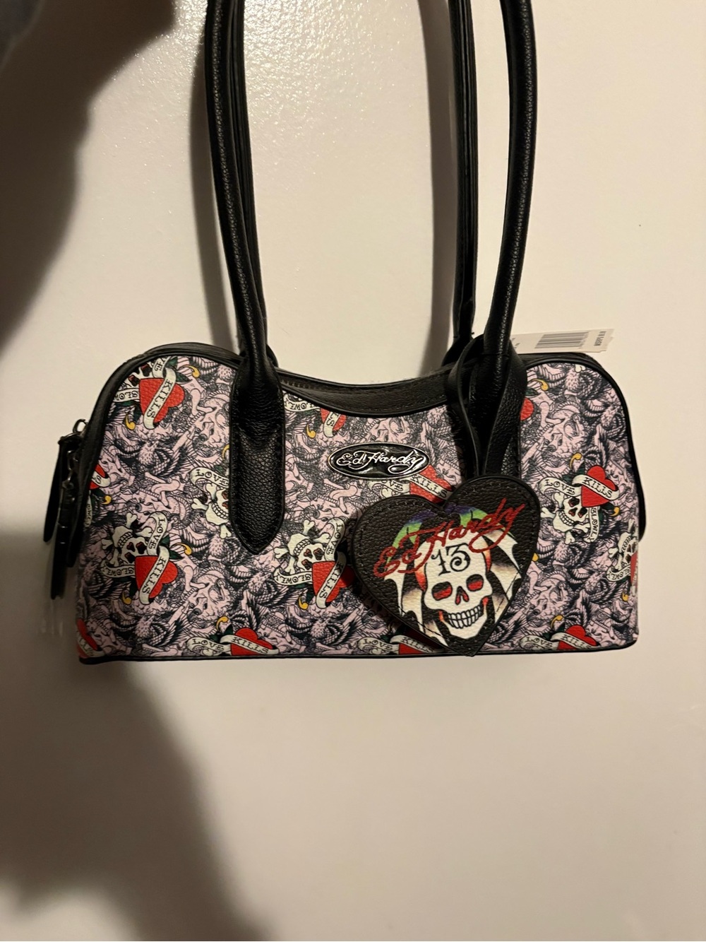 Ed Hardy Black Shoulder Bag with Skull Heart Motif and Red Accents